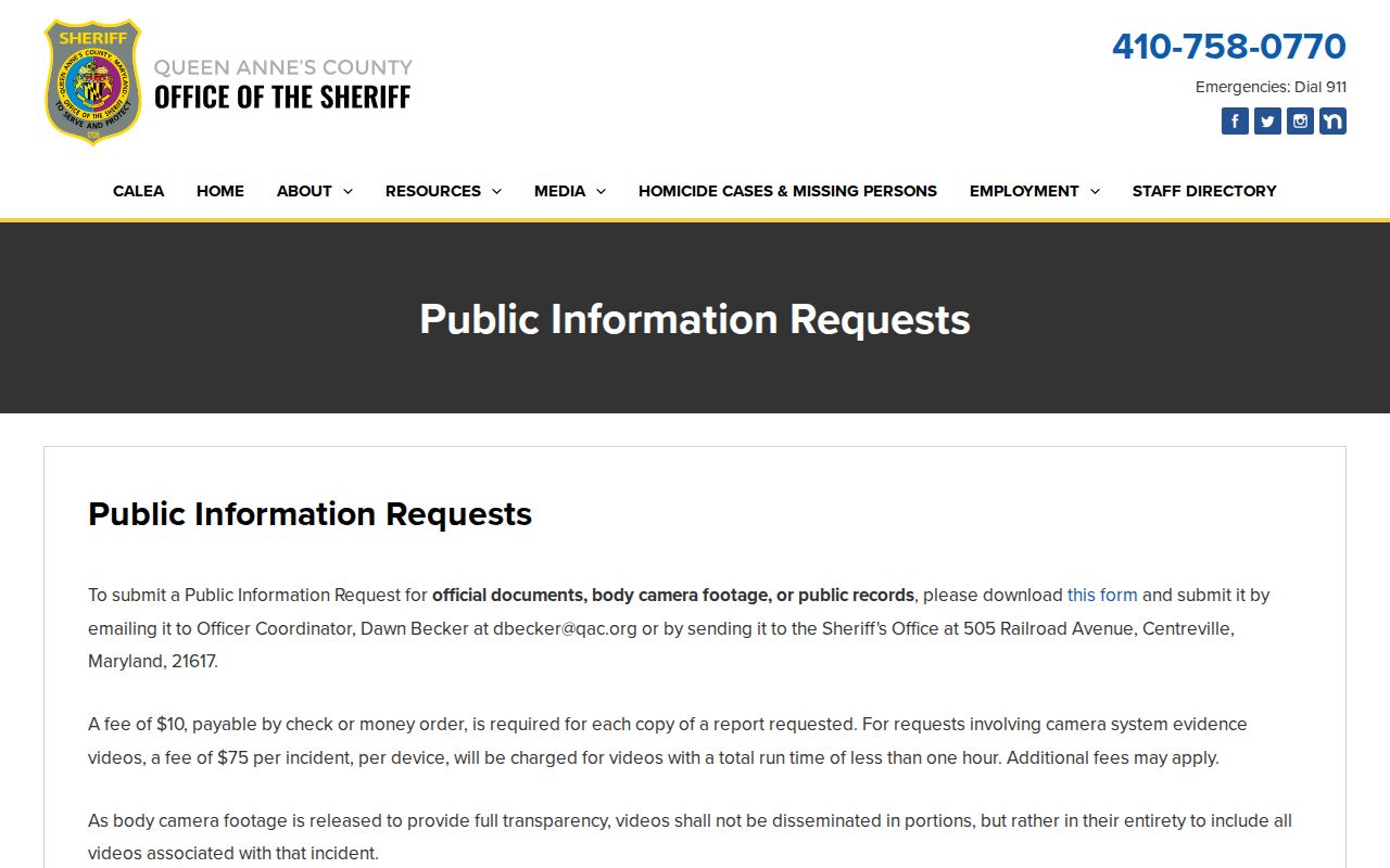 Queen Anne's County Sheriff's Office public information request page for warrant records