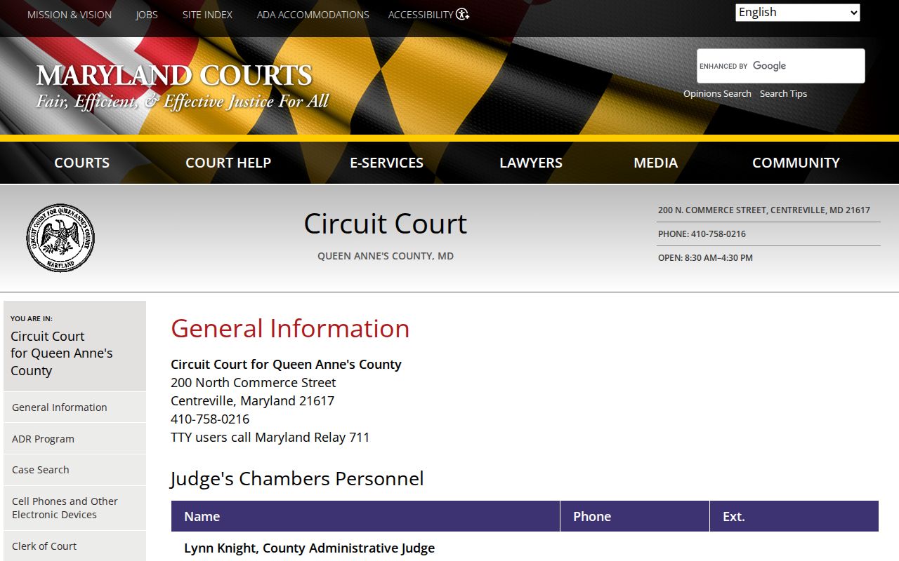 Queen Anne's County Circuit Court criminal contact block for arrest warrant cases