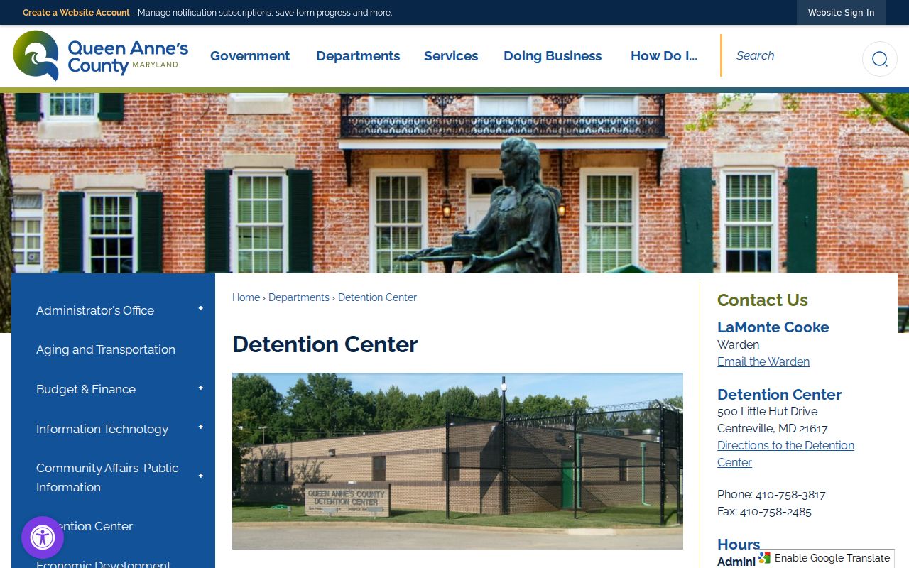 Queen Anne's County Detention Center public contact page for custody and arrest warrant questions