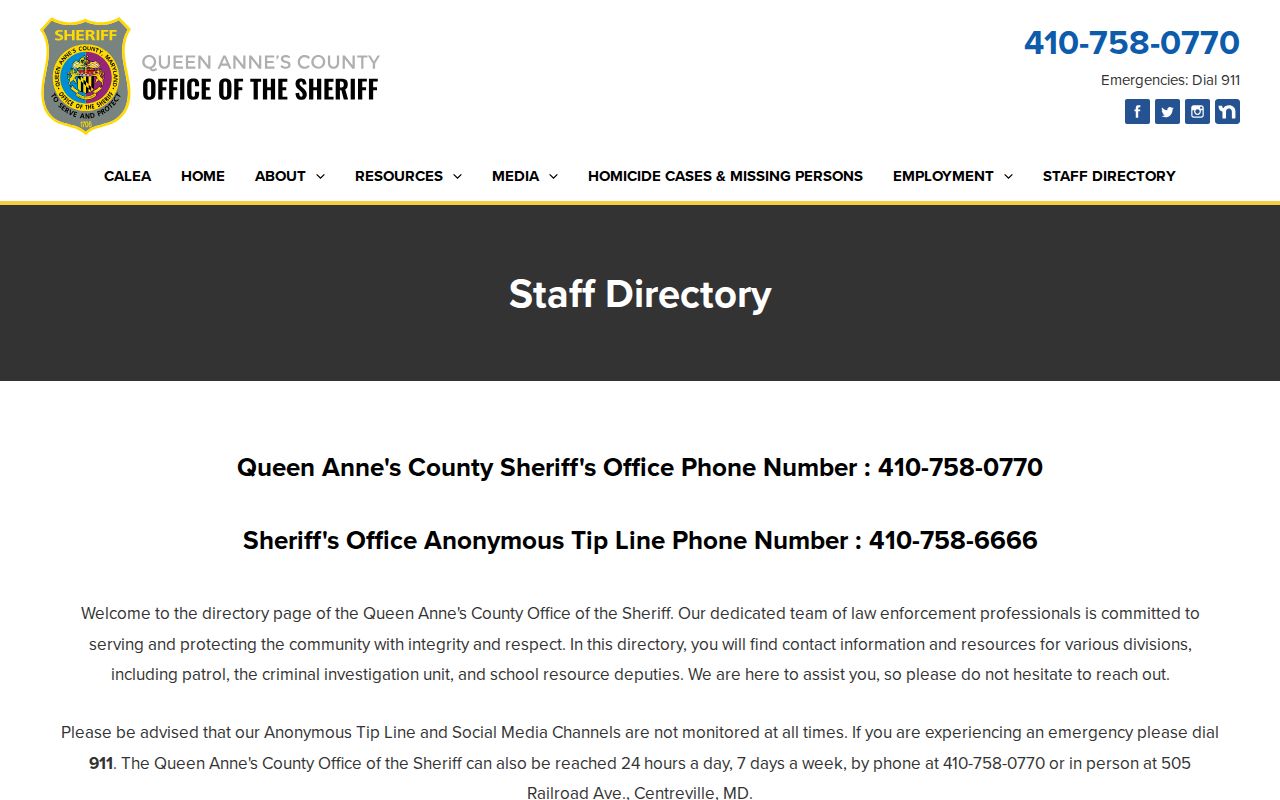 Queen Anne's County Sheriff's Office staff contact page listing warrant service and records contacts