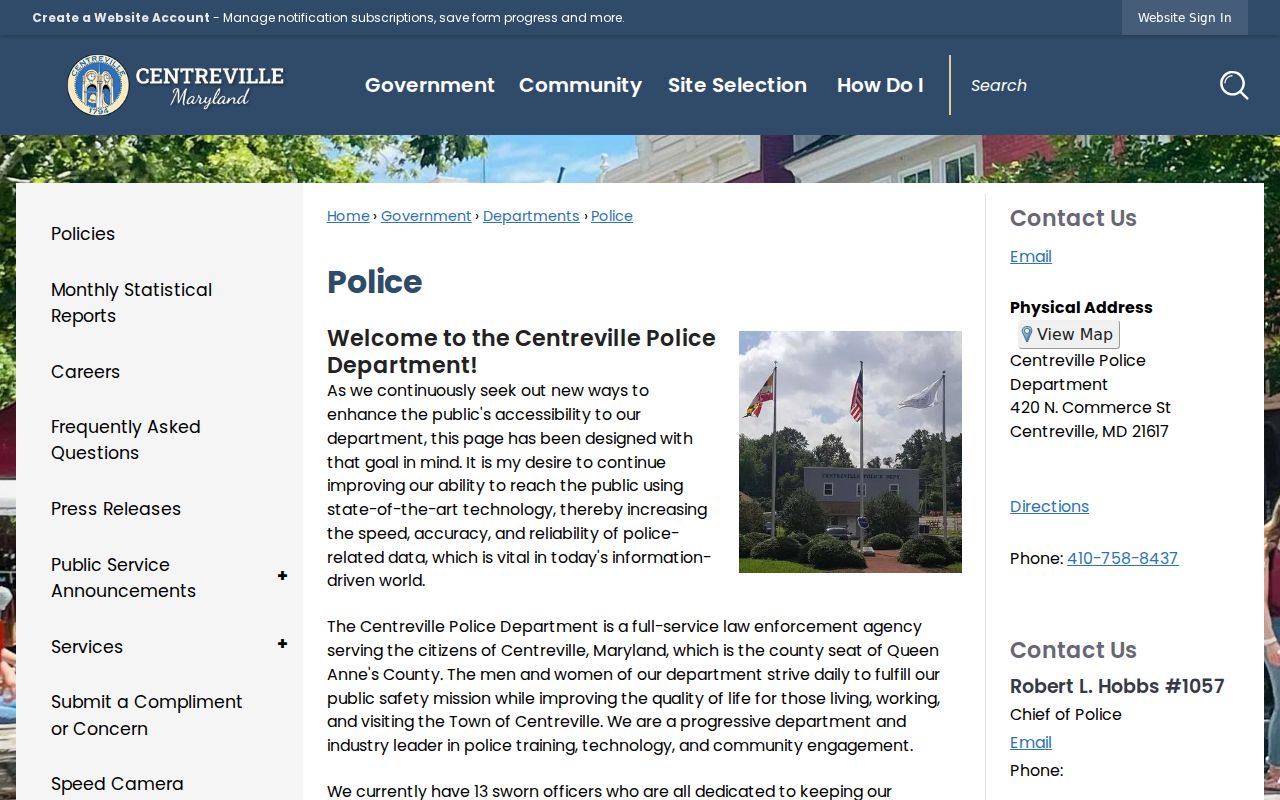 Centreville Police Department contact page for city arrest and warrant questions