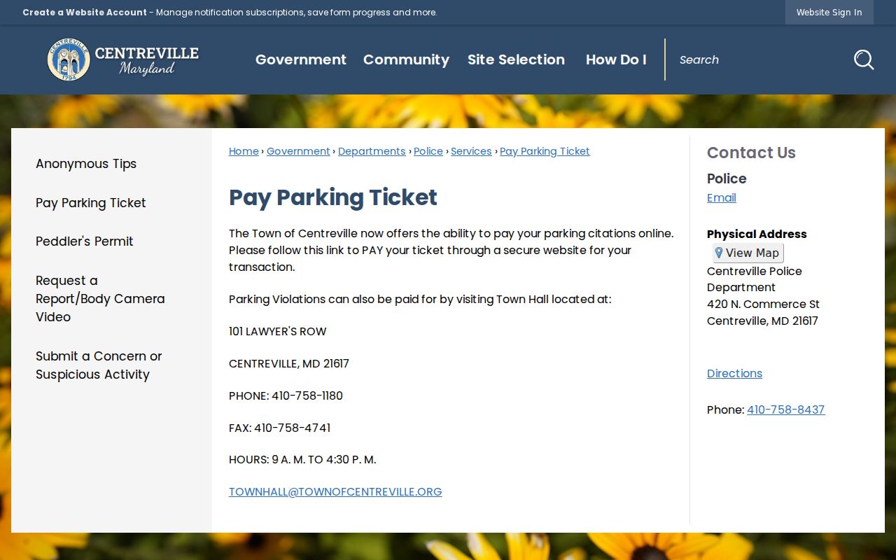Centreville town parking payment page, which is separate from Queen Anne's County traffic warrants