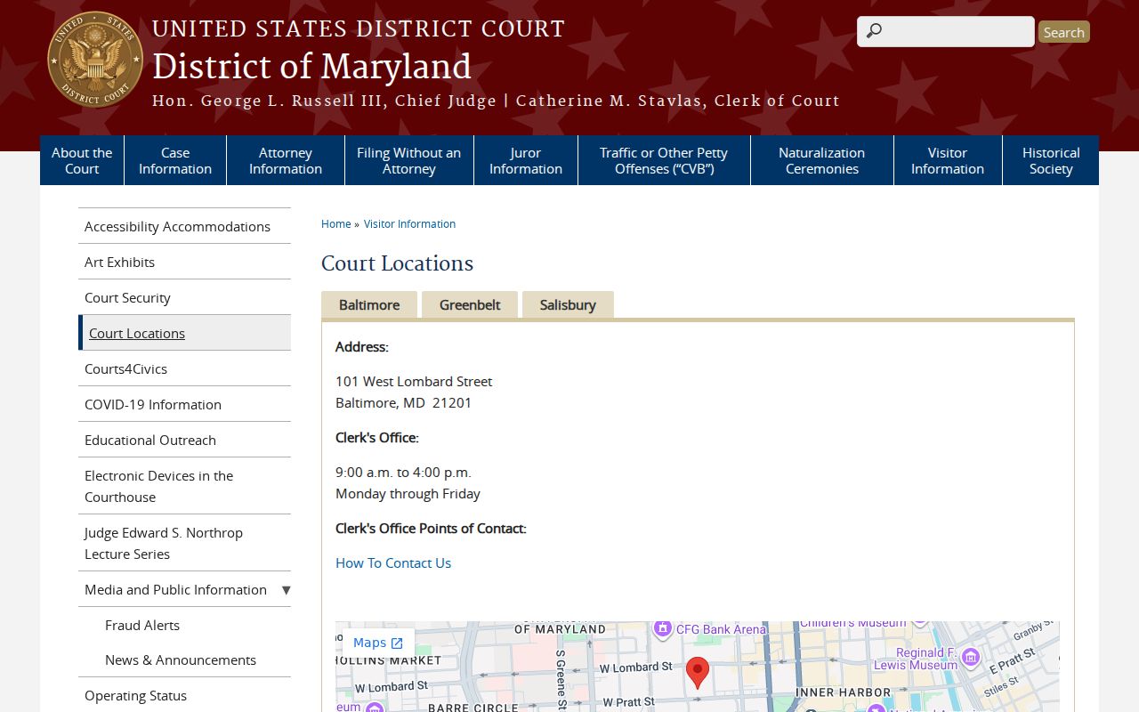 Federal court locations page used to route Queen Anne's County federal warrant questions