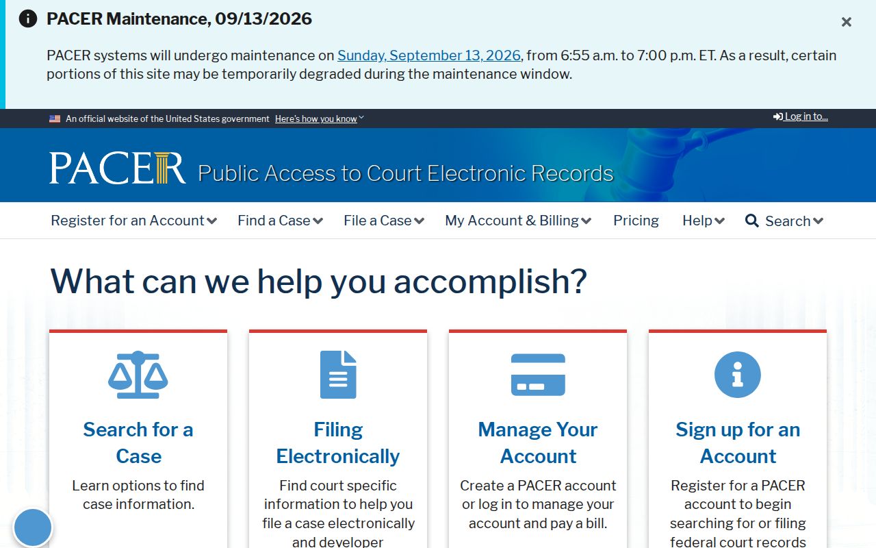 PACER federal docket account and fee page for federal arrest warrant records