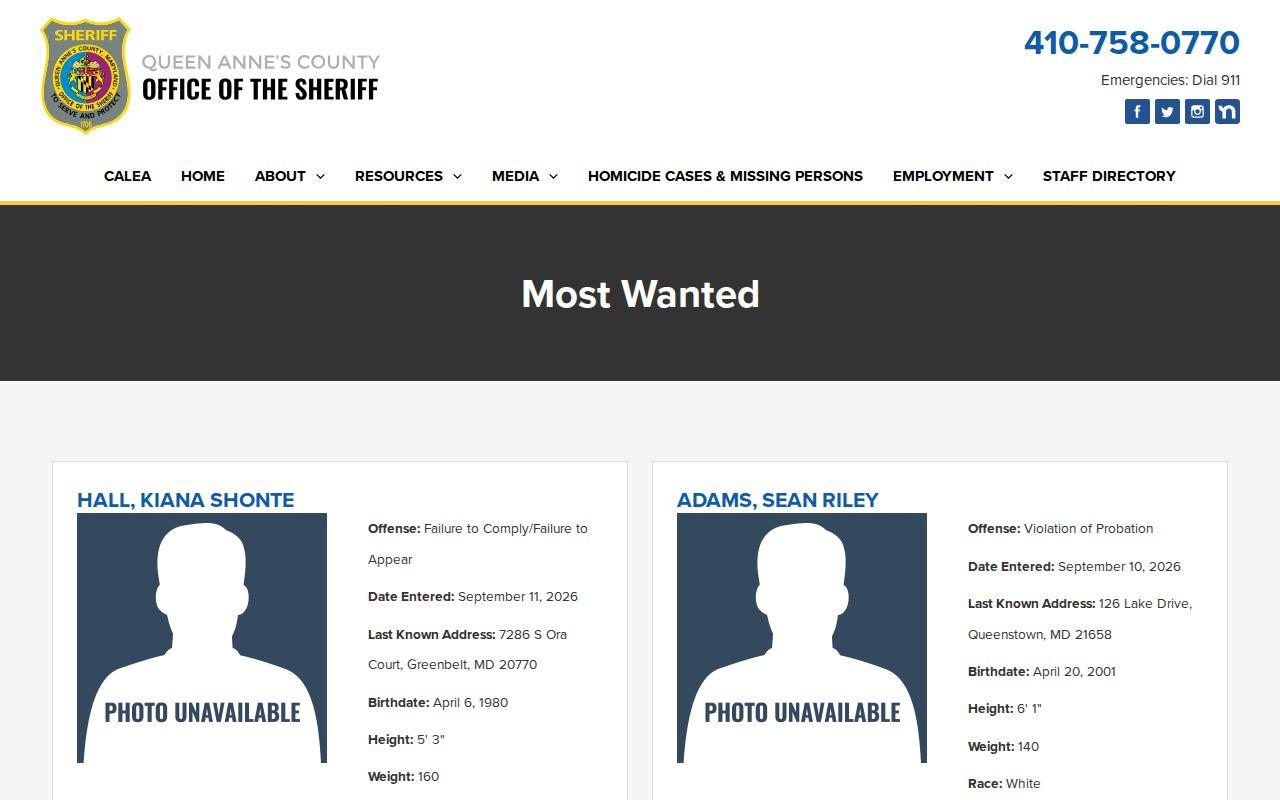 Queen Anne's County Sheriff's Most Wanted program header and paging controls