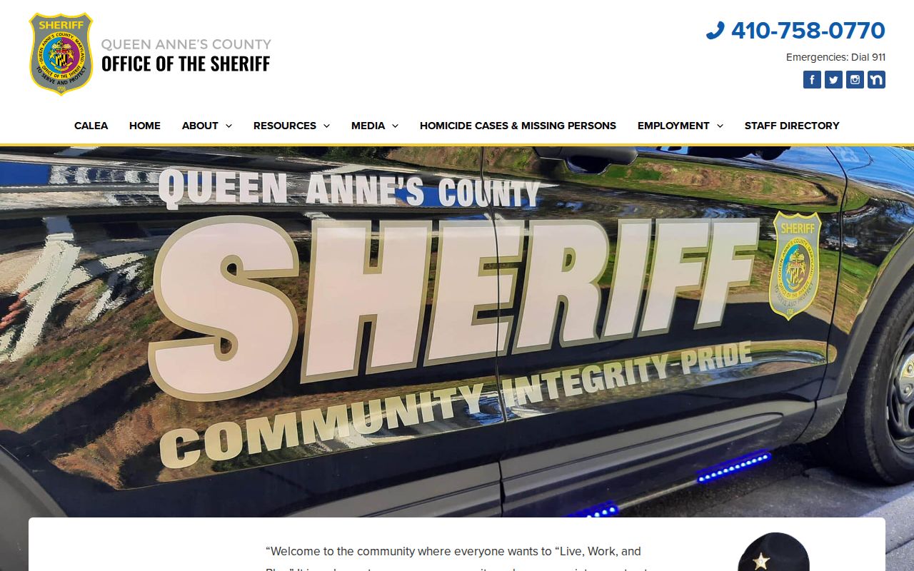 Queen Anne's County Sheriff's Office homepage for warrant service questions